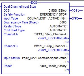 In rung 0 there is a DCS safety instruction. DCS stands for Dual Channel Stop. This instruction monitors the Emergency Stop button labeled Emergency Stop (bottom estop button). 4.