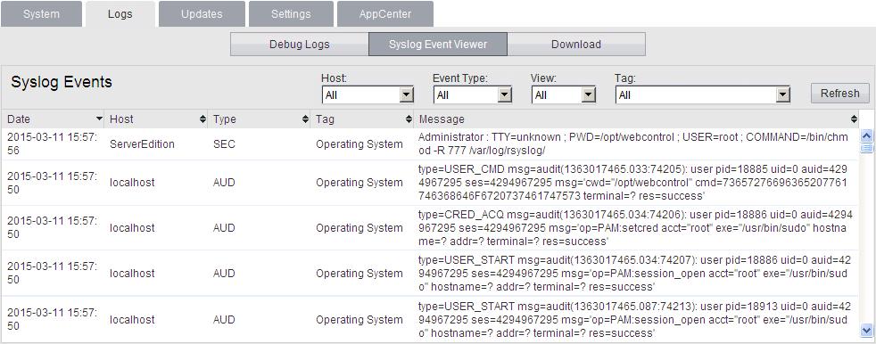 Web Control/Platform View Menus: Logs 8.2.2 Syslog Event Viewer This menu displays the server's Syslog records.