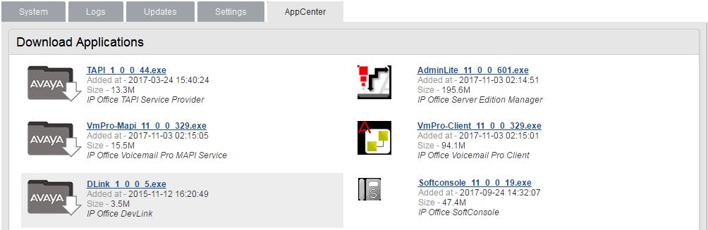 Web Control/Platform View Menus: Settings: System 8.6 App Center You can access this menu by selecting AppCenter. You can use the menu to download files for use on the local PC.
