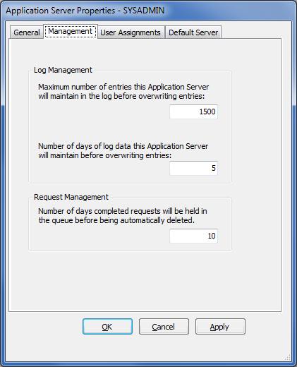 72 Application Server Application Server Properties, Management Tab Used to define at what point the Application Server should begin overwriting existing information in its processing and request