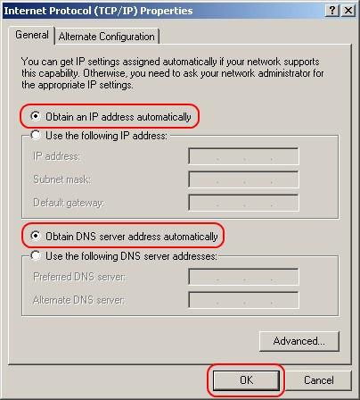 In the General menu check both Obtain an IP address