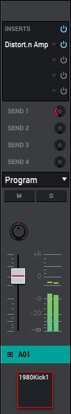 When a MIDI track is selected, the pad channel strips or keygroup channel strips for that program are grouped together on the left. The corresponding program channel strip will appear on the right.
