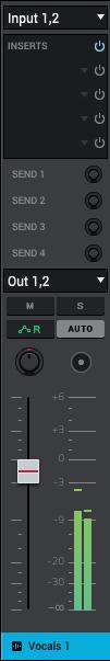 Audio Track Channel Strip When an audio track is selected, there will be only an audio track channel strip (instead of a program channel strip) shown on the right with these controls: The name of the