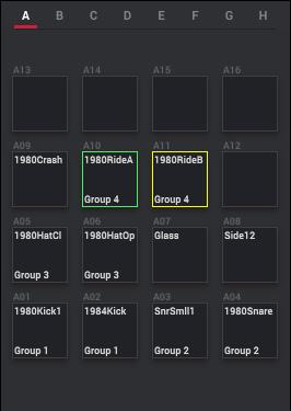 While using the Pad Group function (selected in the Mute panel), click a pad to select it to assign to a group. The selected pad is green. Pads that belong to the same group flash yellow.