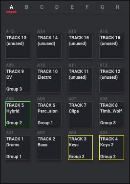 While using the Track Mute function (selected in the Mute panel), click a pad to mute or unmute its track. Pads with muted tracks are red. Pads with unmuted tracks are yellow.