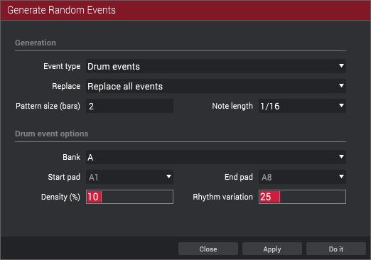 Generate Random Events You now create random melodic or drum patterns on the current MIDI track.