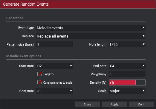 If Event Type is set to Melodic events: Click the Start note or End note menus to define a specific note range over which the events will be generated. Click Legato to select or deselect it.