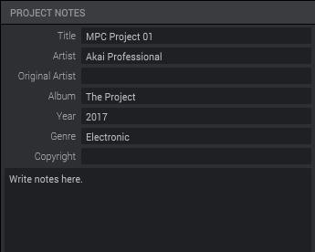 Project Notes Browser When the Project Notes Browser is selected: Information about the project will be shown in several fields: Title, Artist, Original Artist, Album, Year, Genre, and Copyright.
