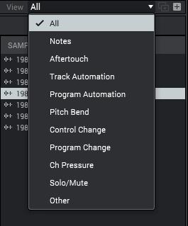 Click the View menu in the lower-right corner of the List Editor to select which types of events are shown in the list. All: Select this option to show all event types.