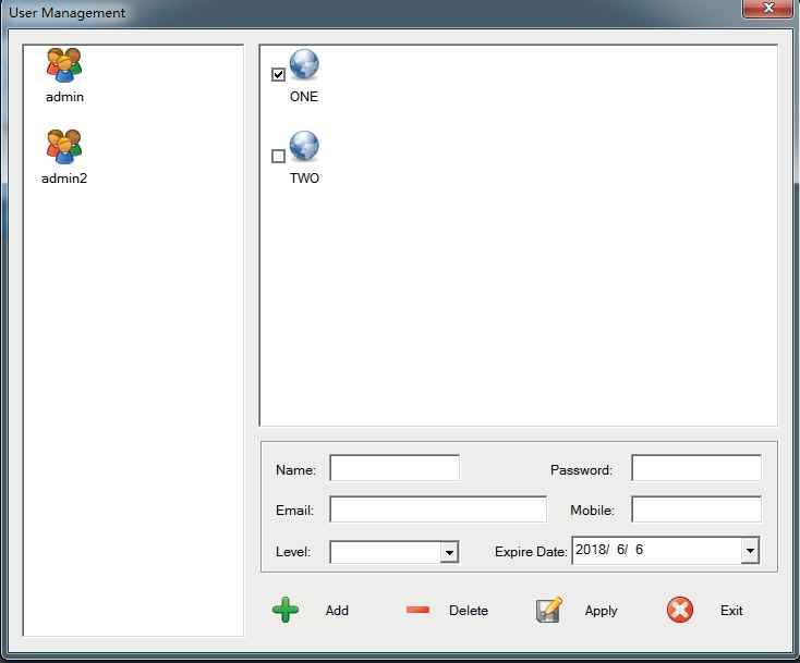 4 User Management Click, Pop-up the following dialog box, add the user name as needed:
