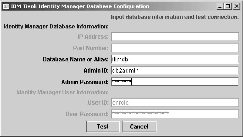 Figure 13. Database configuration window 2. Click Test to ensure that the connection to the database is actie.