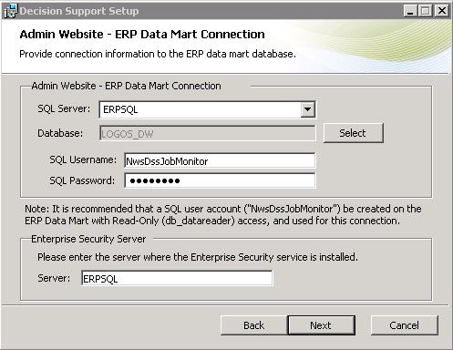 14 The Admin Website - ERP Data Mart Connection window appears. The user is created by default during the install. By default, the password is: P@ssw0rd.