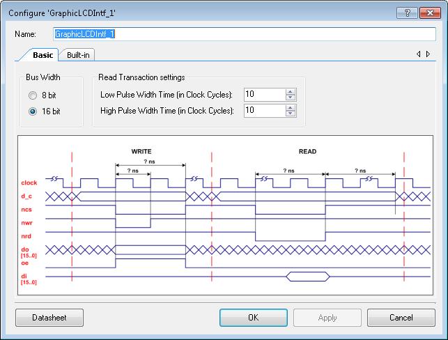 PSoC Creator Component Datasheet Graphic LCD Interface (GraphicLCDIntf) Component Parameters Drag a GraphicLCDIntf Component onto your design and double-click it to open the Configure dialog.