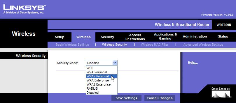 The Setup screen appears. Click Wireless tab. Step 5 Click Wireless Security tab, then for Security Mode select WPA2 Personal.