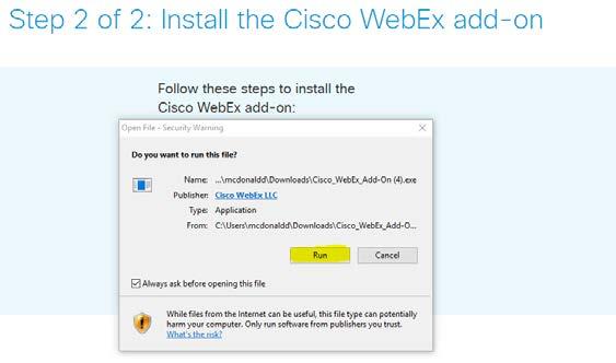 Run to install the Cisco WebEx  19.