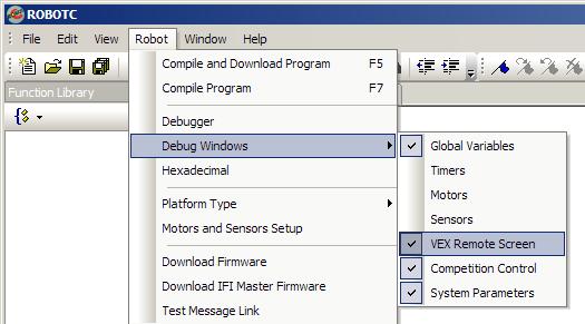 information you choose to display yourself). To open the VEX Remote Screen, first open the ROBOTC Debugger.
