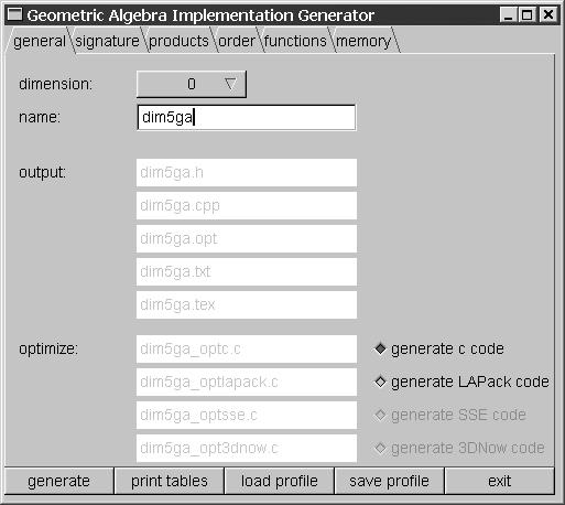 Figure 1: Screenshots of the Gaigen user interface, showing how the user can select name, dimension, basis vector signature, products and functions of the desired geometric algebra.