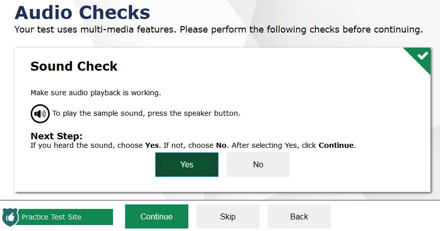 If the sound is audible, students will click Yes. A green checkmark will appear in the right corner of the Sound Check section.