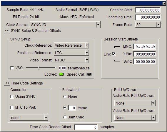 Session Setup for MachineControl The Session Setup window provides session time code settings and options, as well as session status displays.
