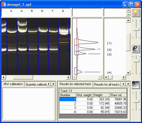 Getting started with Gel analysis Using Gel windows Once you have opened a secure Gel sample file it will be displayed in a Gel window: Image pane Track Label pane Description pane Profile pane Peak