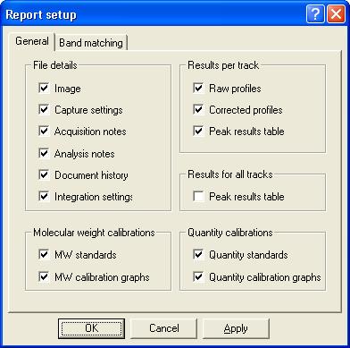GetingstartedwithGelanalysis Working with results Printing Gel results To print a report showing Gel results: 1 Choose Report setup from the File menu to display the Report setup dialog box: Note If