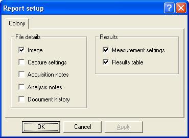 GetingstartedwithColonycounting Printing Colony counting results Printing Colony counting results To print a report showing Colony counting results: 1 Choose Report setup from the File menu to