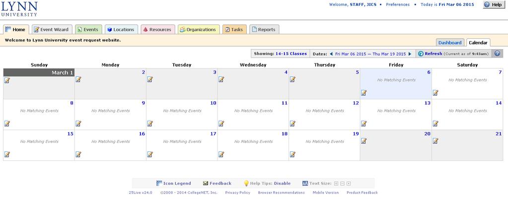 View Events by spaces on calendar Click on the calendar tab To view events by spaces, click on the Showing link above the calendar to display events in different locations.