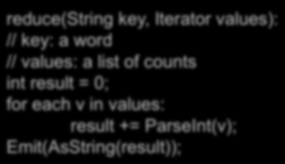 reduce(string key, Iterator values): // key: a word // values: a list of