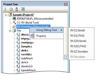 2. FUNCTIONS 2.3 Configuration of Operating Environment of the Debug Tool This section describes the configuration of the operating environment for each debug tool. 2.3.1 Select the debug tool to use You can configure the operating environment in the Property panel corresponding to the debug tool to use.