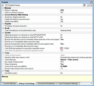 A. WINDOW REFERENCE [Debug Tool Settings] tab The [Debug Tool Settings] tab displays detailed information for each category shown below and changes settings made on it.