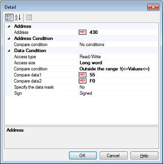 A. WINDOW REFERENCE Figure A.62 Detailed Settings of Access Events Dialog Box [Simulator] [Toolbar] (1) (2) [Function buttons] This section describes the following.
