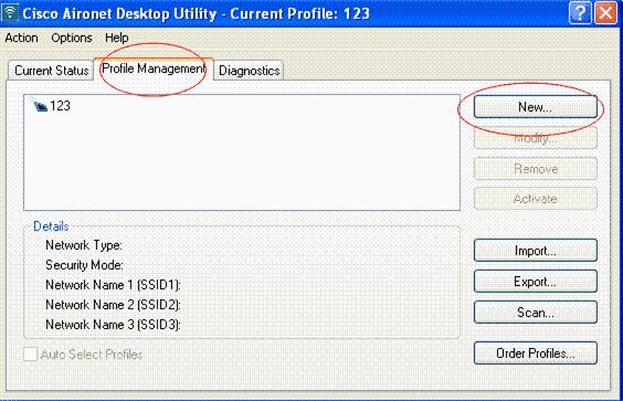 1. From the Aironet Desktop Utility window, click Profile Management > New in order to create a profile for EAP FAST user.