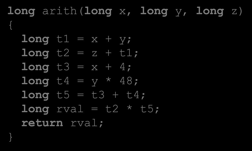 L01:L09: Intro, x86combinational ProgrammingLogic II CSE369, CSE351,Autumn Winter 2016 2017 Arithmetic Example long arith(long x, long y, long z) {