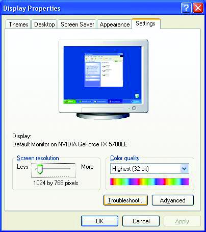 English 3.1.6. Display properties pages The screen shows the information of display adapter, color, the range of display area and the refresh rate.