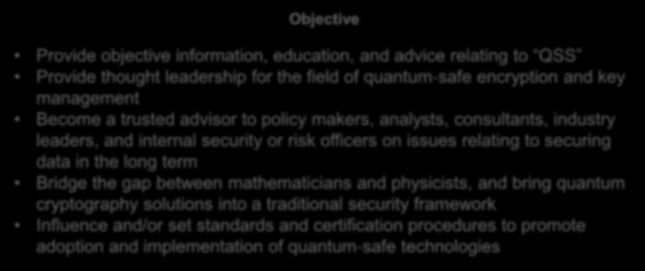 Quantum-Safe Security Working Group Established 11/2014 by ID Quantique, Battelle, QuantumCTek Now 90+ members from 40+