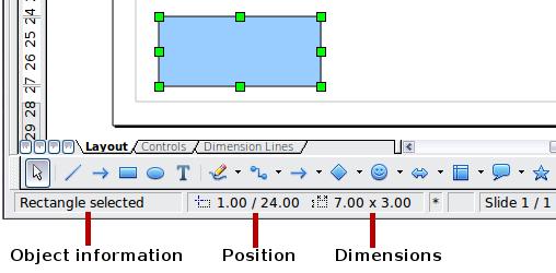 Figure 2: Left end of status bar during dynamic adjustment For example, when you are resizing an object, the object information fields show which object is selected, the current position in X/Y