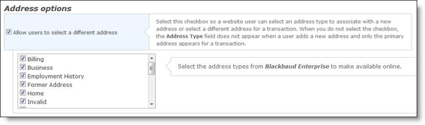 When you select Allow users to select a different address, the Address type field appears on the web page when you include the address block for users to enter a new address.