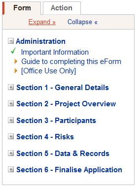 Navigating the form NAVIGATION MENU This eform comprises six sections, each containing a number of pages. You can skip to any section using the navigation menu to the left of your screen.