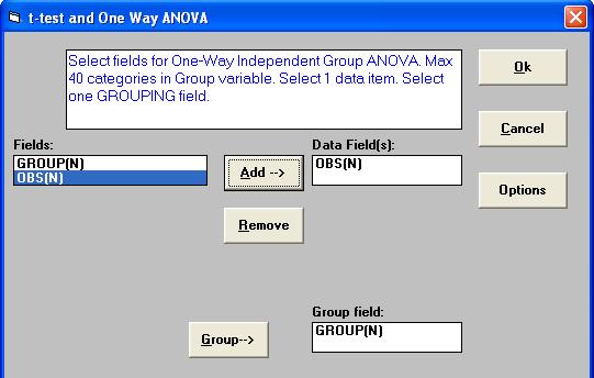 0 1 48.9 2 51.3 2 52.4 2 54.6 2 52.2 2 64.3 2 55.0 Step 2: Once data are entered, perform the analysis. Select Analyze, t-test and ANOVA, Independent Group (t-test/anova).