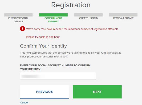 Note: You can only attempt to register your account a maximum of three times before you receive an error and the system prevents you from registering for one hour.