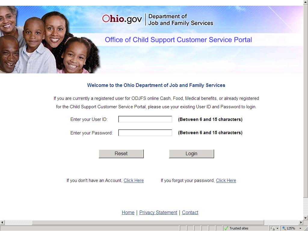 Customers who have an existing Login Account Login Page Figure 11 If you are currently a registered user for ODJFS online Cash, Food, Medical benefits, or already registered for the Child Support