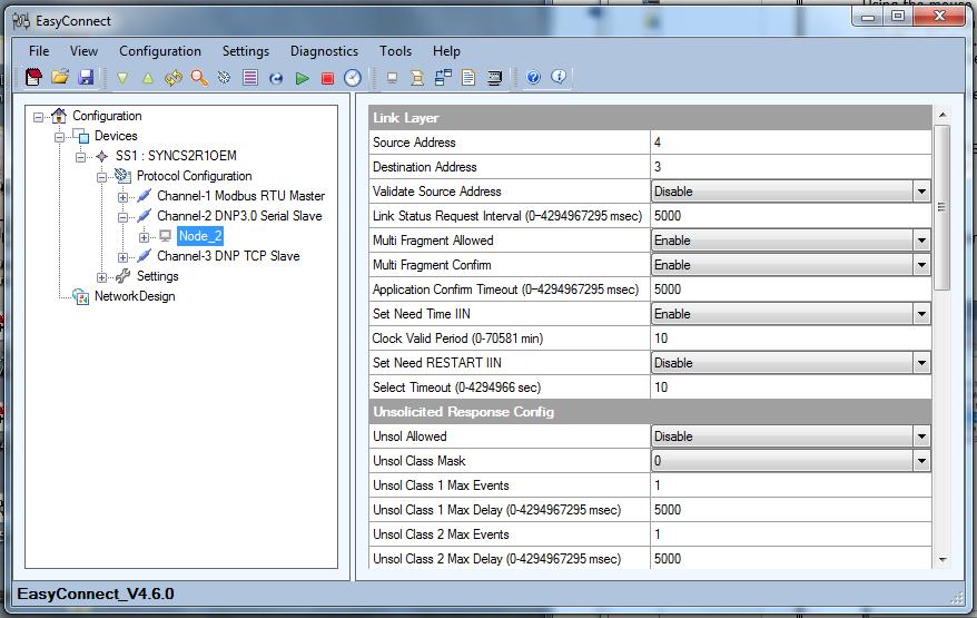 DNP Link Layer Configuration (Source & Destination Address) Using the mouse point and click on Node_2 in the tree view as shown below.