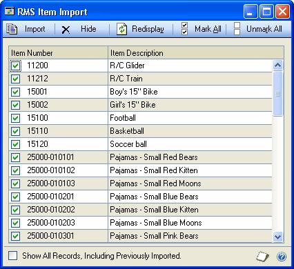 CHAPTER 3 IMPORTING MICROSOFT RMS DATA TO MICROSOFT DYNAMICS GP Importing item records Use the RMS Item Import window to import inventory item information.