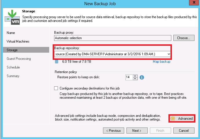 19. Select the DR Series system container share as the Backup Repository for this job, and click Advanced. 20. On the Backup tab, make sure Incremental is selected.
