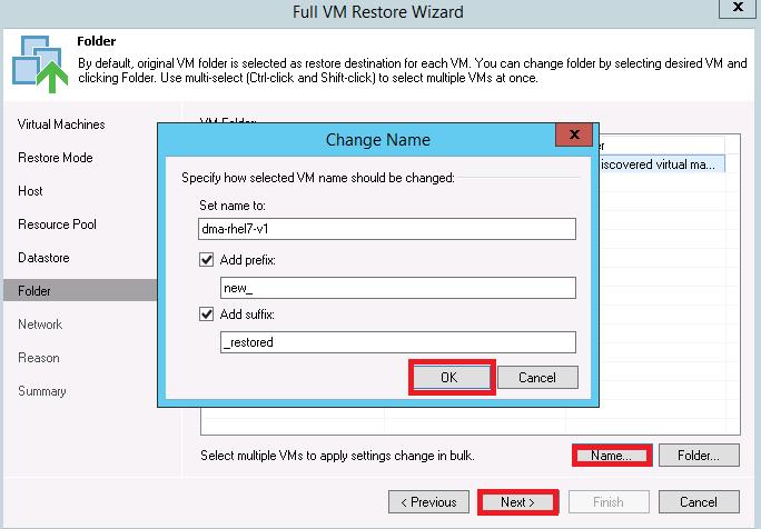 9. Provide the new name for the restored VM, click OK, and then click Next. 10.