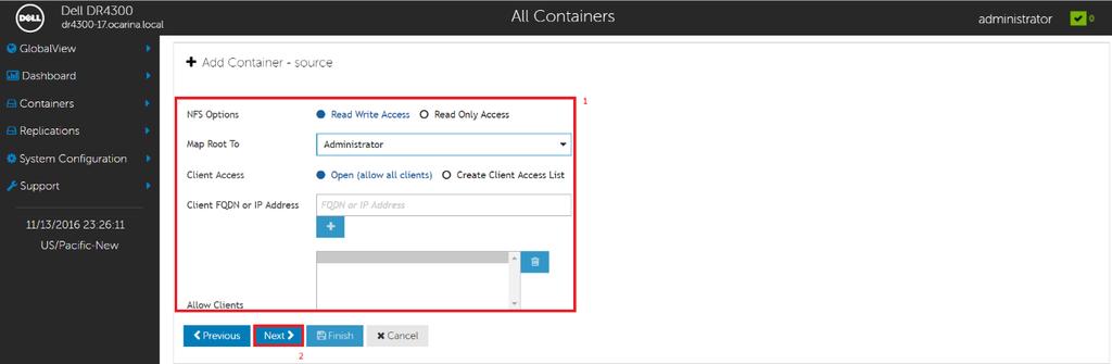 4. Enter the backup container information