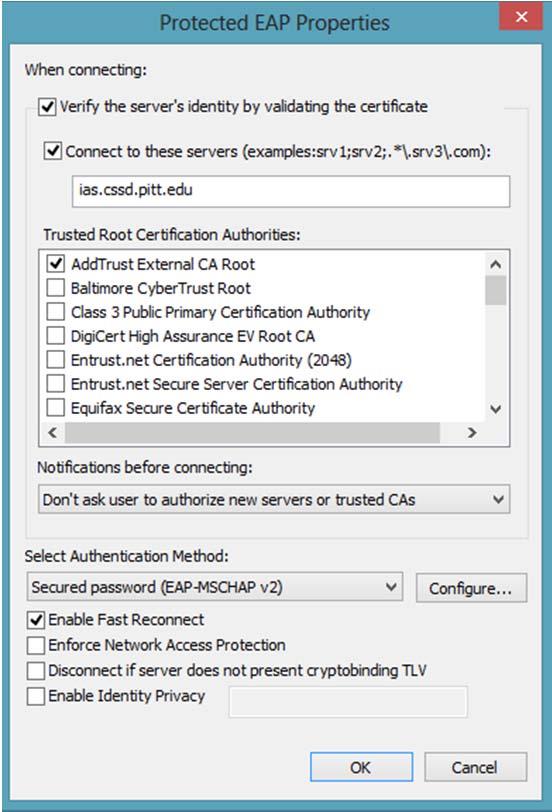 8. Enter the following settings: a. Verify the server s identity by validating the certificate is checked b. Connect to these servers is checked and set to ias.cssd.pitt.edu c.