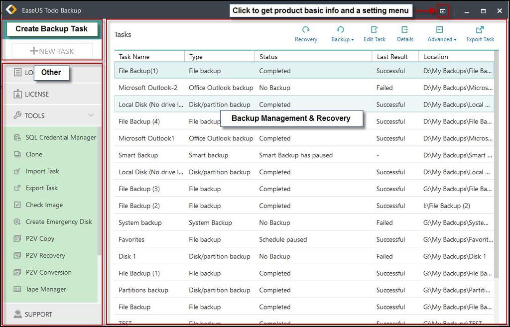 Create Backup Task NEW TASK area is the entrance to all available backup options. To create a new backup task, please click NEW TASK.