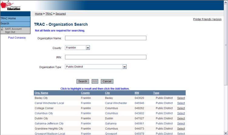 An example search: Select Franklin from the county drop-down list. Then select Public District from the Organization type drop down.