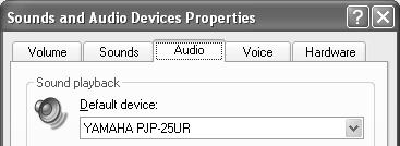 "Default device" in "Voice playback": YAMAHA PJP-25UR "Default device" in "Voice recording": YAMAHA PJP-25UR 4 Click the "Audio" tab.